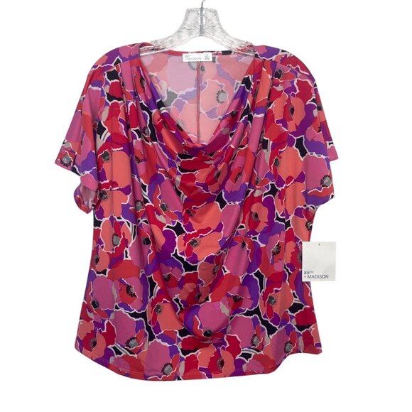89th Madison Cowl Neck Top Blouse Womens Large Pink Purple New Floral - Picture 1 of 9